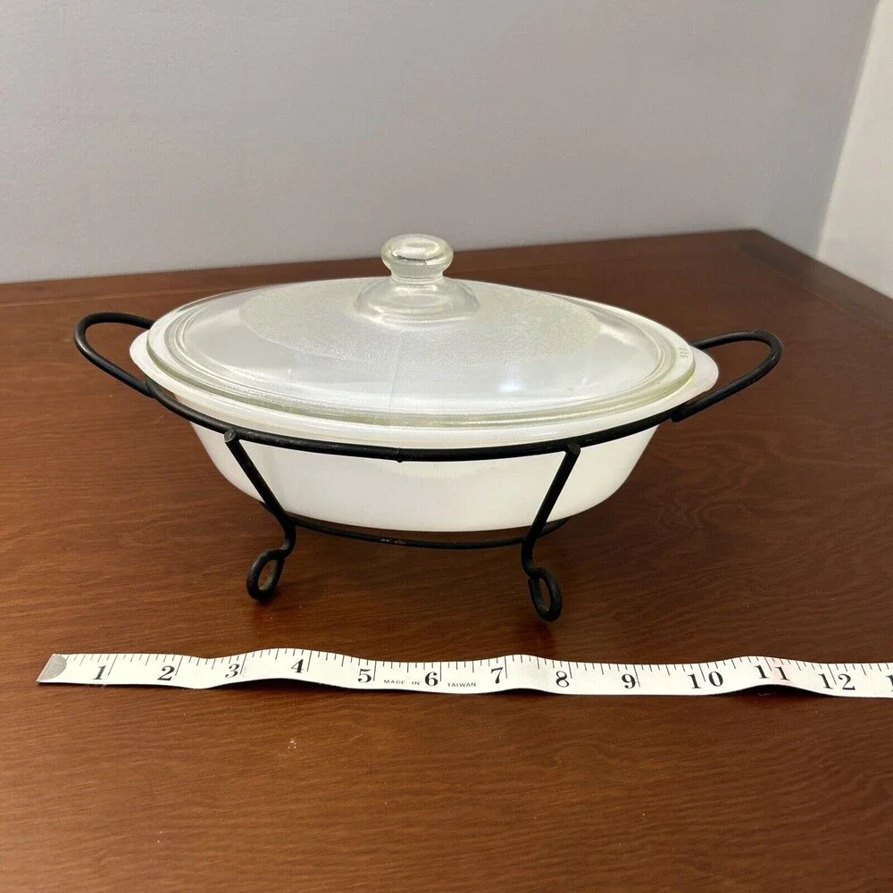 Vintage Glasbake 1 Qt. White Pot w/ metal Stand and lid